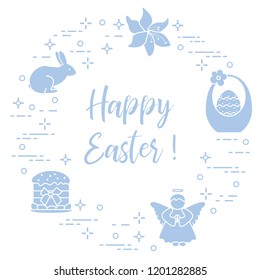 Easter symbols. Easter cake, basket, eggs, rabbit, flowers, angel.