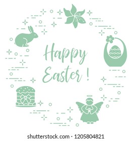 Easter symbols. Easter cake, basket, eggs, rabbit, flowers, angel.