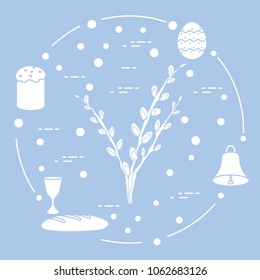 Easter symbols. Easter cake, willow branches, bell, bowl, bread, egg.