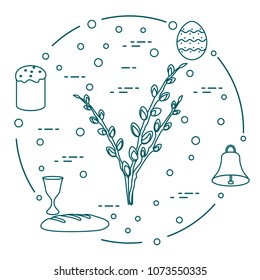 Easter symbols. Easter cake, willow branches, bell, bowl, bread, egg.