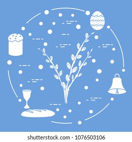 Easter symbols. Easter cake, willow branches, bell, bowl, bread, egg.