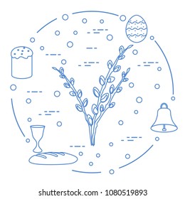 Easter symbols. Easter cake, willow branches, bell, bowl, bread, egg.