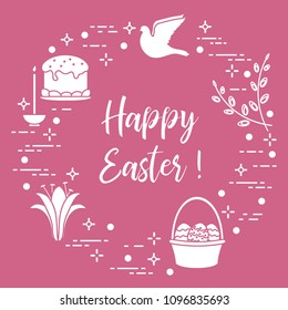 Easter symbols. Easter cake, willow branches, basket, eggs, lily, candle, dove.