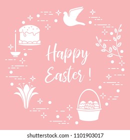 Easter symbols. Easter cake, willow branches, basket, eggs, lily, candle, dove.