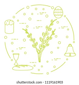 Easter symbols. Easter cake, willow branches, bell, bowl, bread, egg.