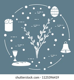 Easter symbols. Easter cake, willow branches, bell, bowl, bread, egg.