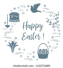 Easter symbols. Easter cake, willow branches, basket, eggs, lily, candle, dove.