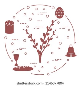 Easter symbols. Easter cake, willow branches, bell, bowl, bread, egg.