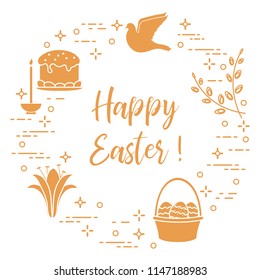 Easter symbols. Easter cake, willow branches, basket, eggs, lily, candle, dove.