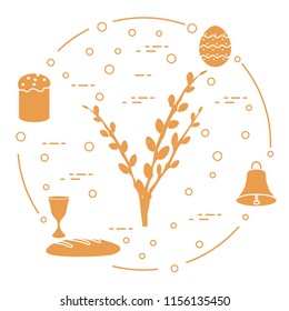Easter symbols. Easter cake, willow branches, bell, bowl, bread, egg.