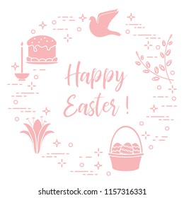 Easter symbols. Easter cake, willow branches, basket, eggs, lily, candle, dove.