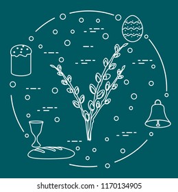 Easter symbols. Easter cake, willow branches, bell, bowl, bread, egg.