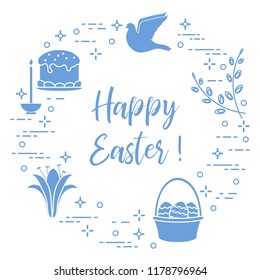 Easter symbols. Easter cake, willow branches, basket, eggs, lily, candle, dove.
