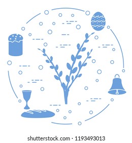 Easter symbols. Easter cake, willow branches, bell, bowl, bread, egg.