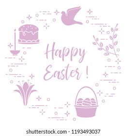 Easter symbols. Easter cake, willow branches, basket, eggs, lily, candle, dove.