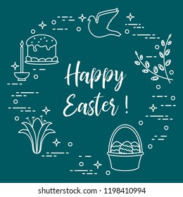 Easter symbols. Easter cake, willow branches, basket, eggs, lily, candle, dove.