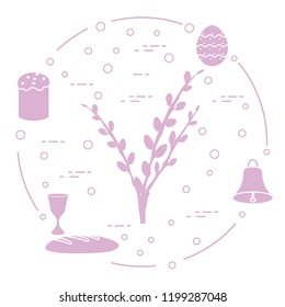 Easter symbols. Easter cake, willow branches, bell, bowl, bread, egg.