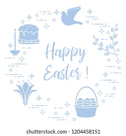Easter symbols. Easter cake, willow branches, basket, eggs, lily, candle, dove.