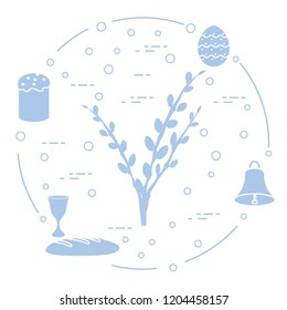 Easter symbols. Easter cake, willow branches, bell, bowl, bread, egg.