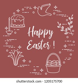Easter symbols. Easter cake, willow branches, basket, eggs, lily, candle, dove.