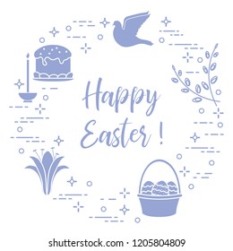 Easter symbols. Easter cake, willow branches, basket, eggs, lily, candle, dove.