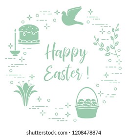Easter symbols. Easter cake, willow branches, basket, eggs, lily, candle, dove.