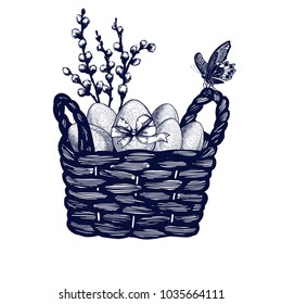 Easter symbols cart, hand drawn Isolated vector illustration. Eggs in a basket, butterfly, willow branch, gift. Universal templates for invitation or packaging. Engraving