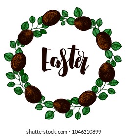 Easter symbols cart, hand drawn Isolated vector illustration. Eggs in a basket, butterfly, willow branch, gift. Universal templates for invitation or packaging. Engraving