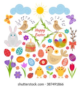 Easter symbols collection-Easter eggs,chicken, Easter bunny, Easter cake, willow twigs, Easter basket,hen ,flower, cloud, sun, bird , butterfly, bow, lady bug on white background. Vector Illustration.