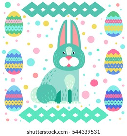 Easter symbols in flat style -bunny, eggs - isolated elements for your easter design, for card, flyer, placard, label, banner. Vector illustration.