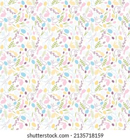 Easter symbols. Flowers, eggs, willow, rabbit. Seamless pattern. Blue, pink, green, yellow on a white background.