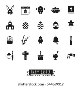 Easter Symbols Glyph Icon Set. Collection of 20 Happy Easter black Icons on white background