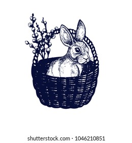 Easter symbols, hand drawn Isolated vector illustration. Bunny in a basket, rabbit, willow branch. Universal templates for invitation or packaging. Engraving
