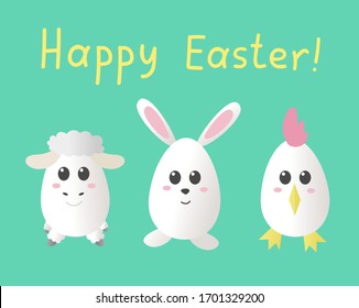 Easter symbols: lamb, rabbit and chick in the shape of eggs.
Vector illustration isolated on green background. Suitable for print and web usage. 