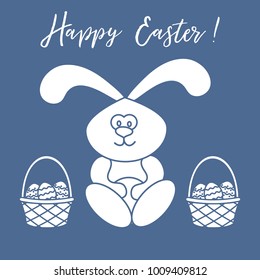 Easter symbols. Easter rabbit and two baskets of decorated eggs. Design for banner, poster or print.