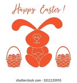 Easter symbols. Easter rabbit and two baskets of decorated eggs. Design for banner, poster or print.