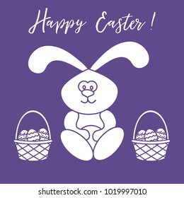 Easter symbols. Easter rabbit and two baskets of decorated eggs. Design for banner, poster or print.