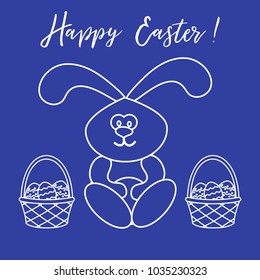 Easter symbols. Easter rabbit and two baskets of decorated eggs. Design for banner, poster or print.