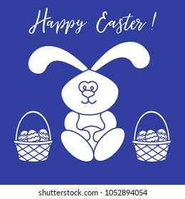 Easter symbols. Easter rabbit and two baskets of decorated eggs. Design for banner, poster or print.