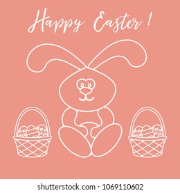 Easter symbols. Easter rabbit and two baskets of decorated eggs. Design for banner, poster or print.