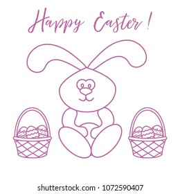 Easter symbols. Easter rabbit and two baskets of decorated eggs. Design for banner, poster or print.