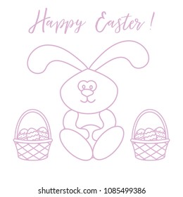 Easter symbols. Easter rabbit and two baskets of decorated eggs. Design for banner, poster or print.