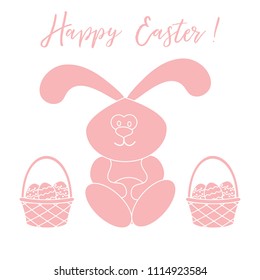 Easter symbols. Easter rabbit and two baskets of decorated eggs. Design for banner, poster or print.