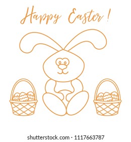 Easter symbols. Easter rabbit and two baskets of decorated eggs. Design for banner, poster or print.
