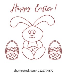 Easter symbols. Easter rabbit and two baskets of decorated eggs. Design for banner, poster or print.