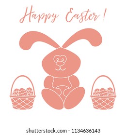 Easter symbols. Easter rabbit and two baskets of decorated eggs. Design for banner, poster or print.
