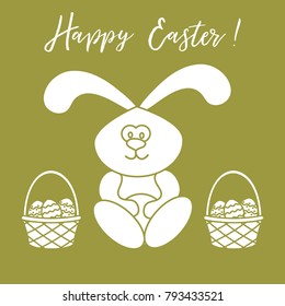 Easter symbols. Easter rabbit and two baskets of decorated eggs. Design for banner, poster or print.