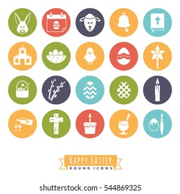 Conjunto de iconos redondos de símbolos de Semana Santa. Colección de 20 iconos felices de Pascua en círculos de color
