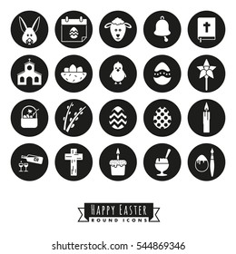 Easter Symbols Round Icon Set. Collection of 20 Happy Easter Icons, negative in black circles