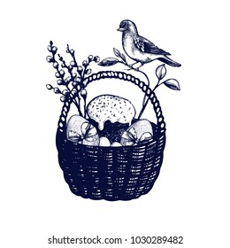 Easter symbols set card, hand drawn Isolated vector illustration. Eggs in a basket, rabbit, easter cake, willow branch, bird, easter eggs. Engraving